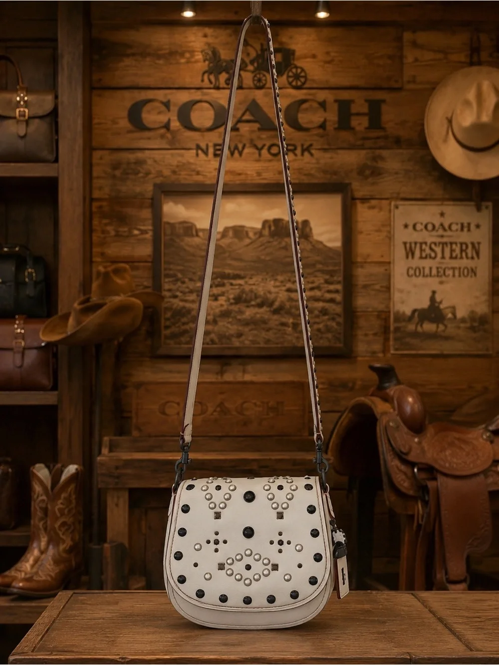 Coach 1941 Western Rivet Saddle Bag, crafted in smooth chalk-white glovetanned